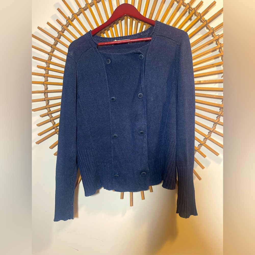 Eileen Fisher Navy Blue Linen Blend Double-Breasted Cardigan Leightweight Large